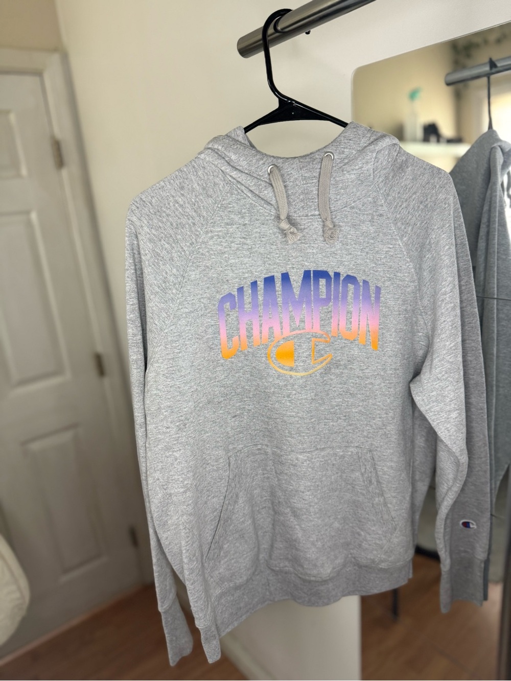 Champion Light Gray Hoodie with Purple-to-Orange Logo